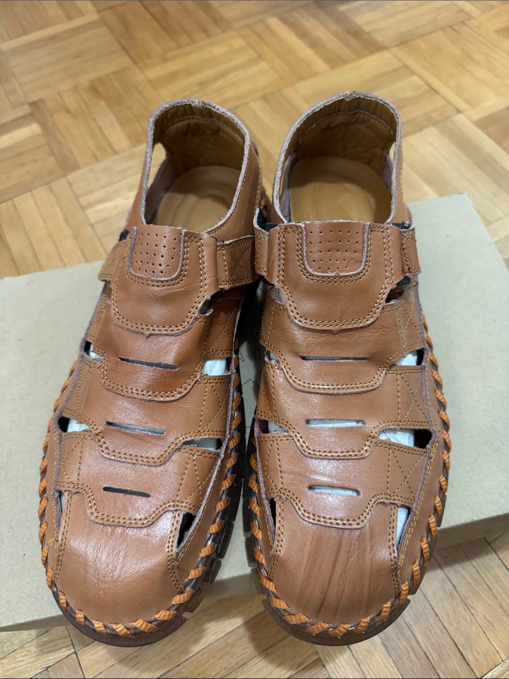 Men's Casual Tan Leather Fisherman Sandals with Adjustable Strap